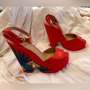 Nine West Orange Platform Wedge with 6” heel tropical size 9
